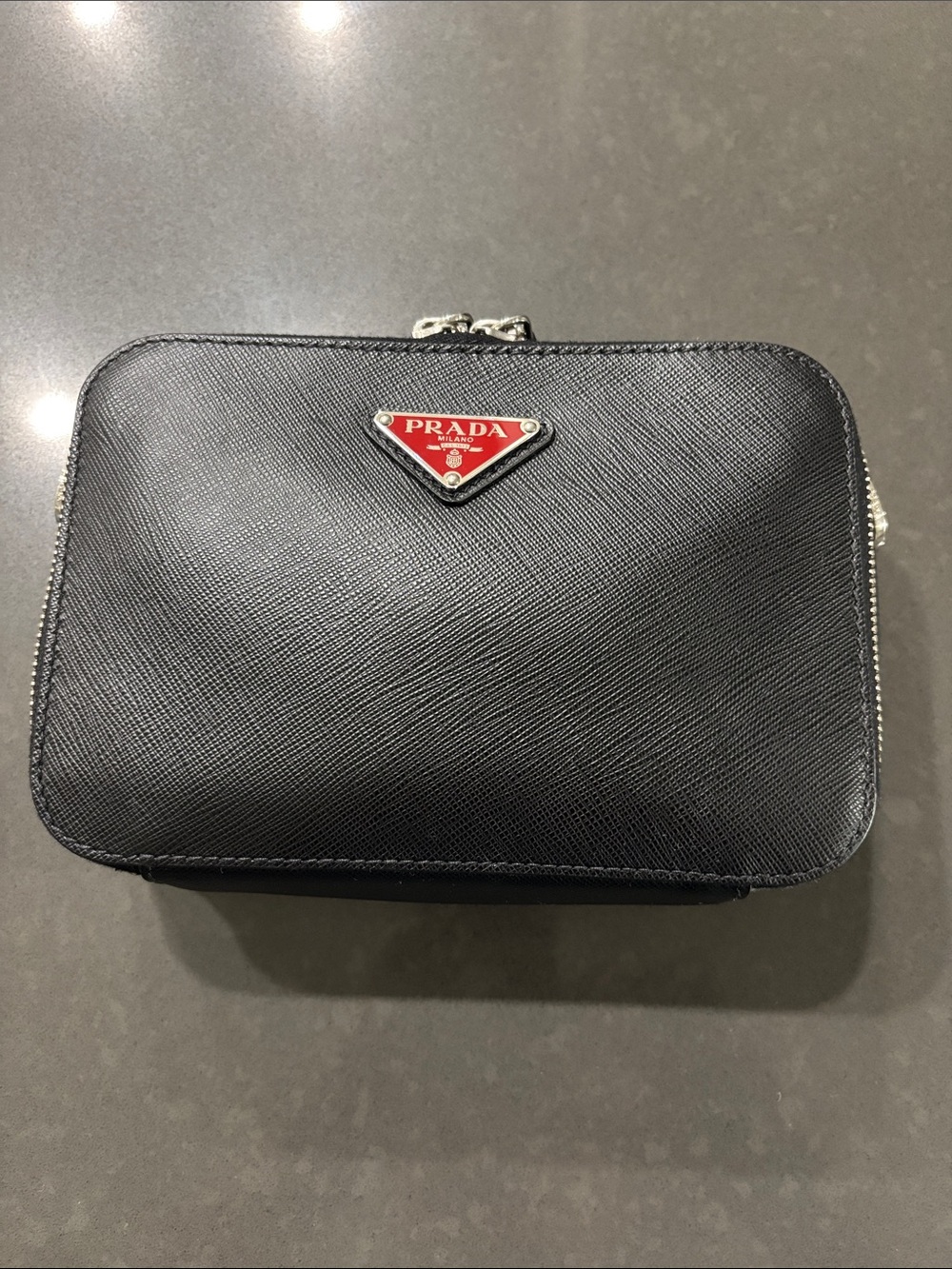 Prada Black Saffiano Leather Toiletry Pouch with Red Logo